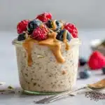 jar of pioneer woman overnight oats topped with berries and peanut butter