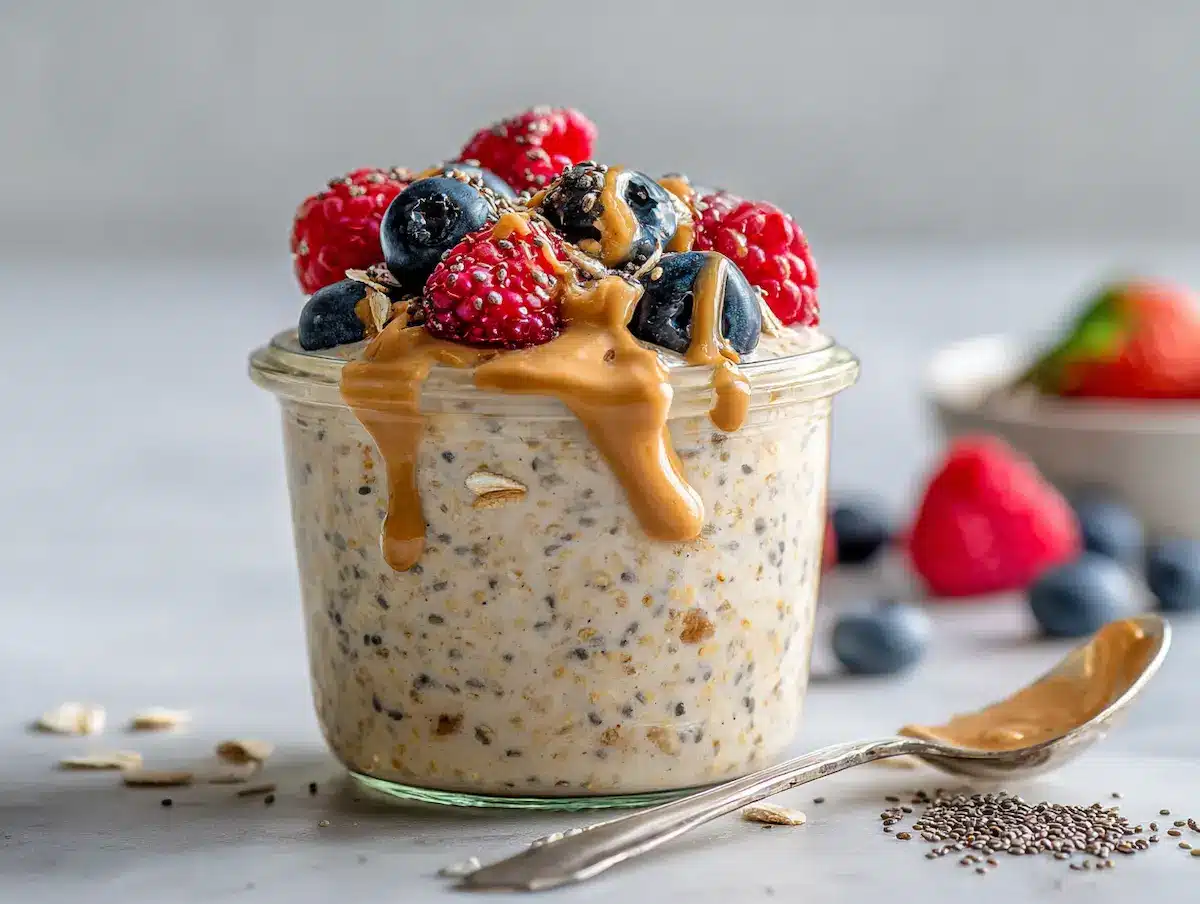 jar of pioneer woman overnight oats topped with berries and peanut butter