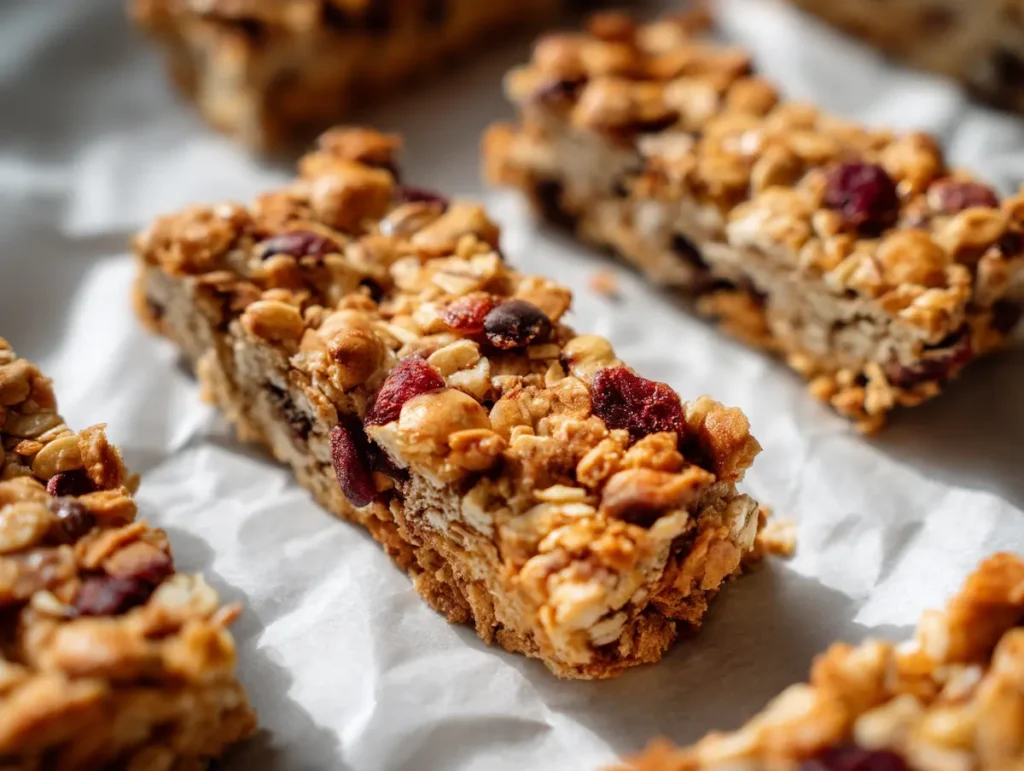 Baked homemade granola bars with golden edges cooling on white parchment paper