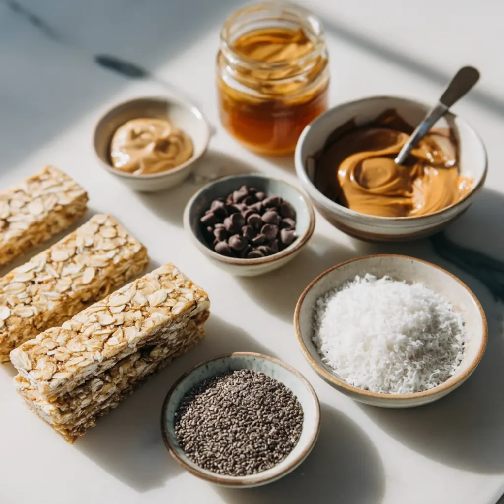 All homemade granola bar ingredients arranged on white marble surface