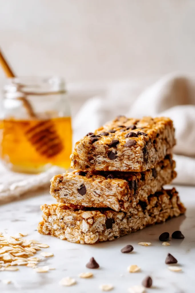 Three homemade granola bars leaning together on white marble with honey jar and scattered oats