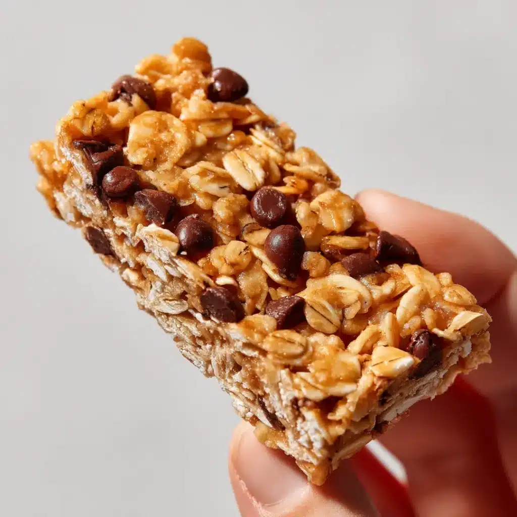 Single homemade granola bar showing chewy interior oat texture and chocolate chips