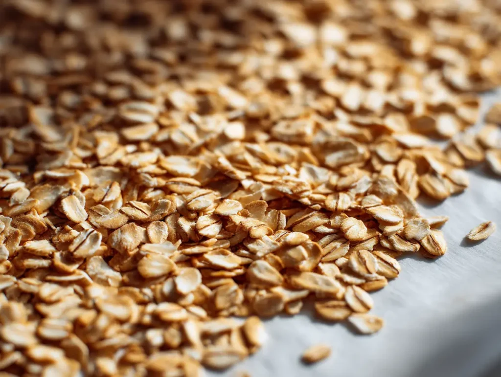 Toasted old-fashioned rolled oats on white baking sheet for homemade granola bars
