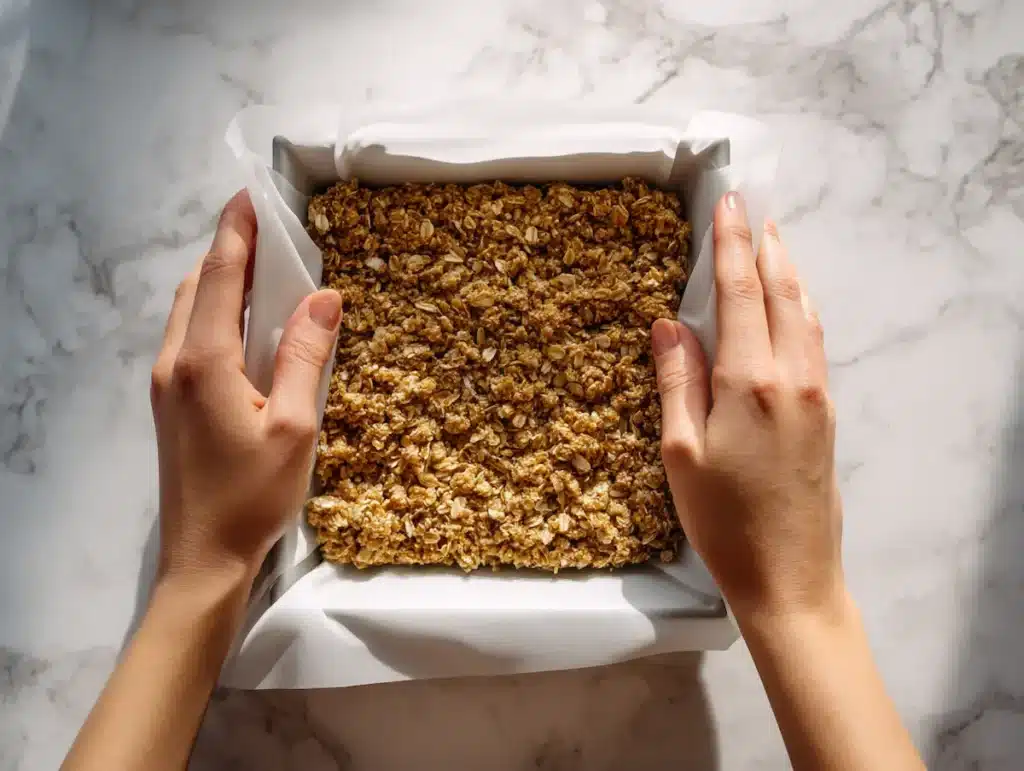 Pressing homemade granola bar mixture firmly into parchment-lined pan with flat glass
