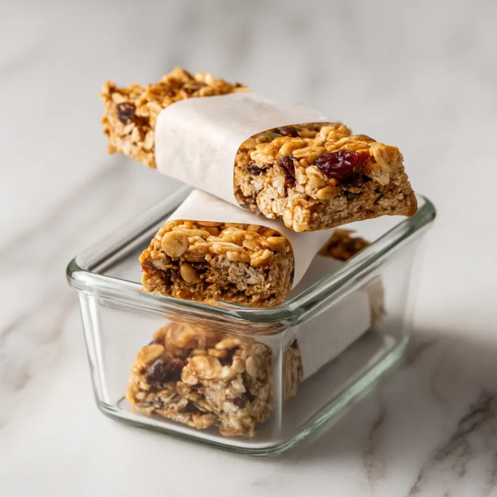 Homemade granola bars wrapped in parchment stored in glass container in refrigerator