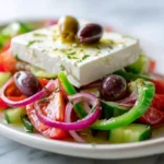 Horiatiki salad with tomatoes, cucumbers, olives and feta on a white platter