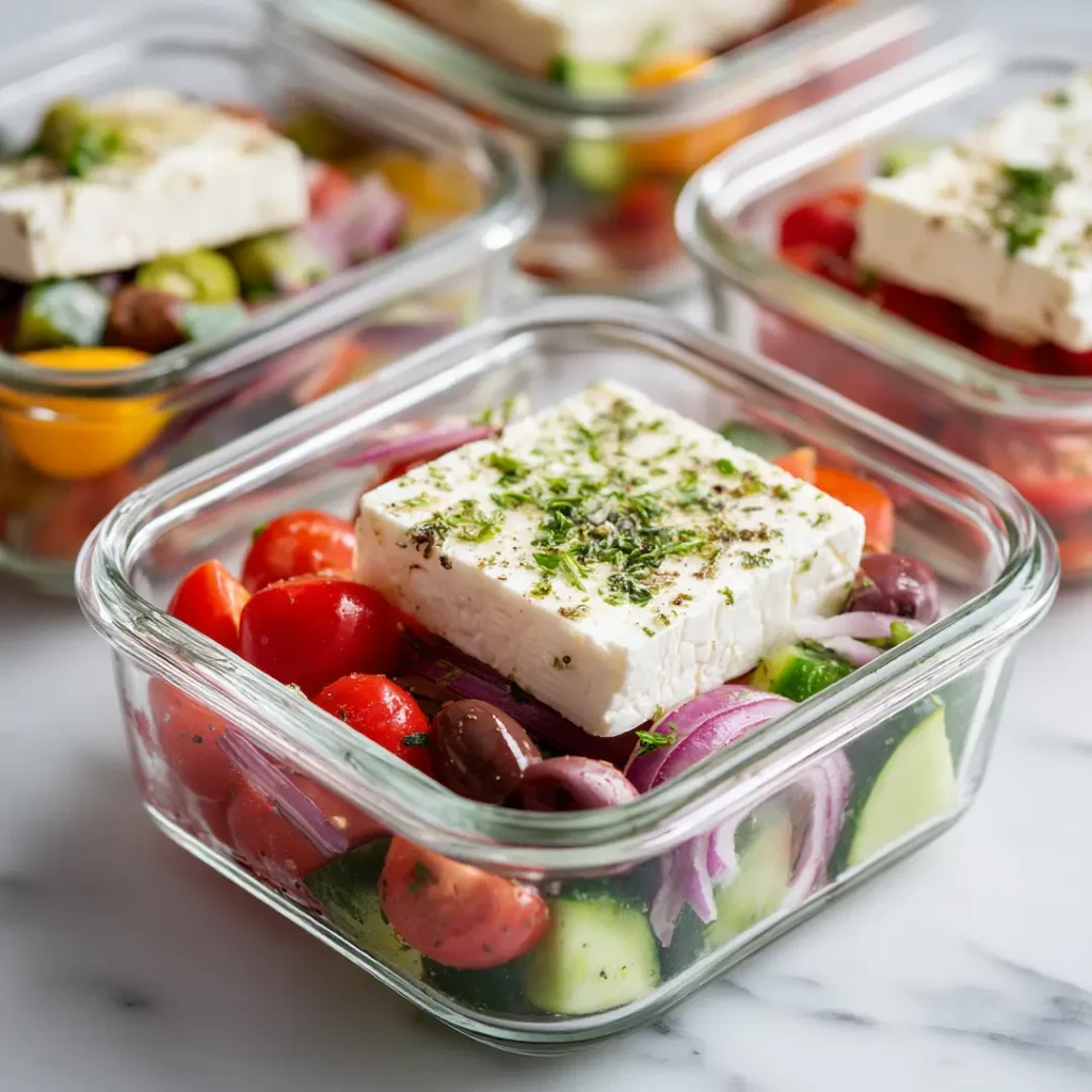 Glass container packed with horiatiki salad and feta for meal prep