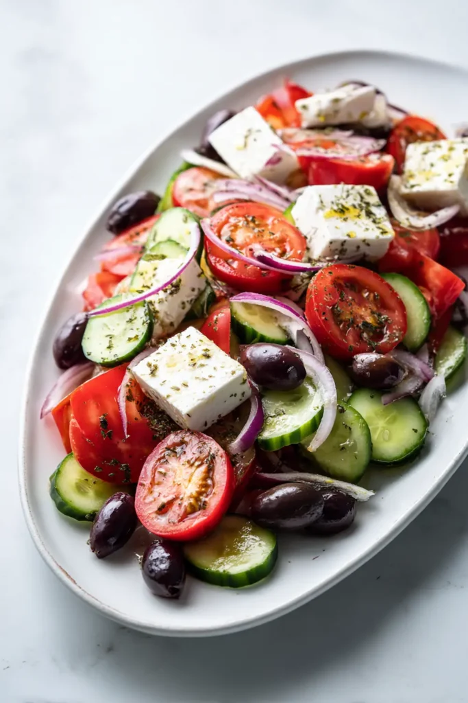 Vertical shot of horiatiki salad on white platter with space for Pinterest text