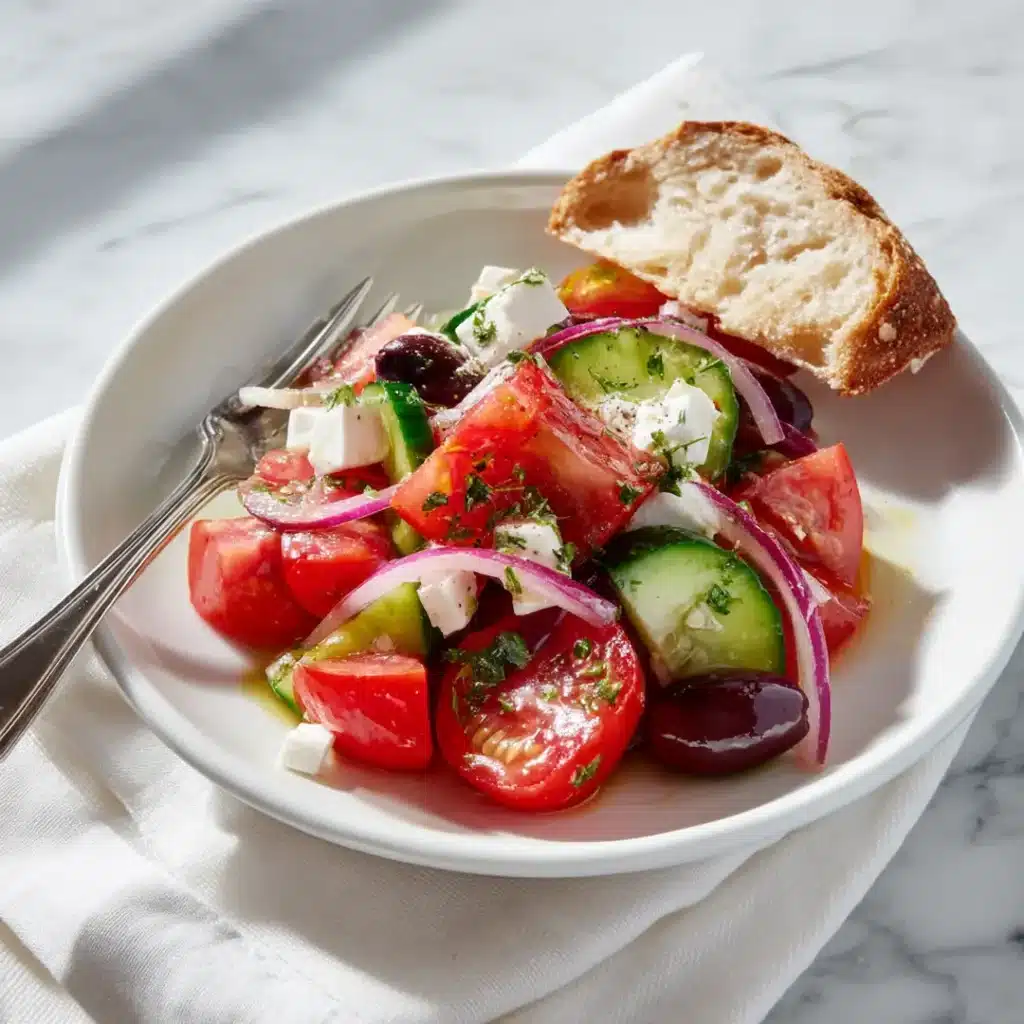 Plate of horiatiki salad with bread and fork ready to eat