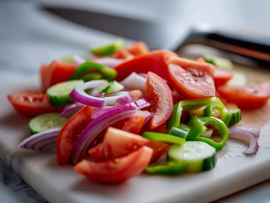 Tomato wedges, cucumbers, peppers and red onion sliced for horiatiki salad