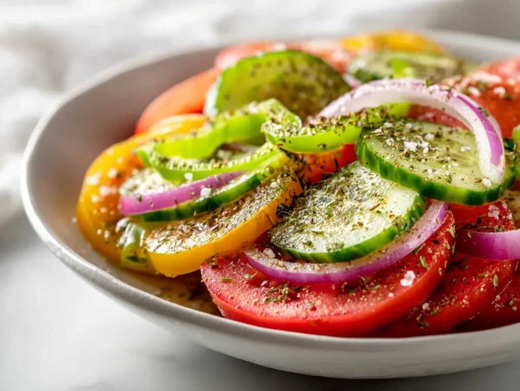 Layered tomatoes, cucumbers, peppers and red onion seasoned for horiatiki salad
