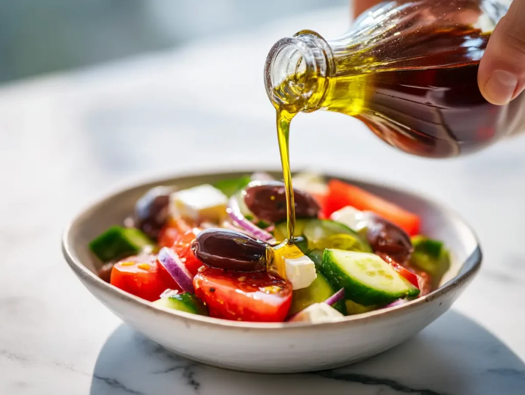 Olive oil and vinegar dressing being poured over horiatiki salad with olives