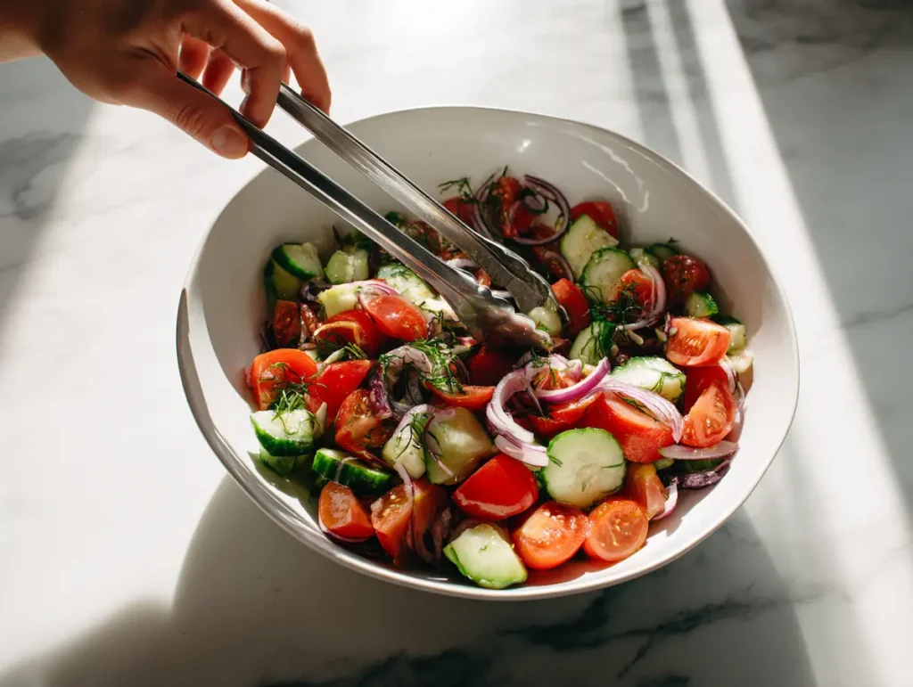 Hands lightly tossing glossy horiatiki salad in a white bowl with tongs