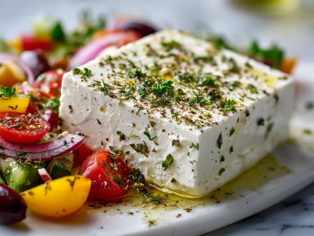 Feta cheese block on top of horiatiki salad drizzled with olive oil and oregano