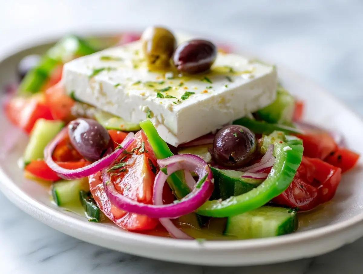 Horiatiki salad with tomatoes, cucumbers, olives and feta on a white platter