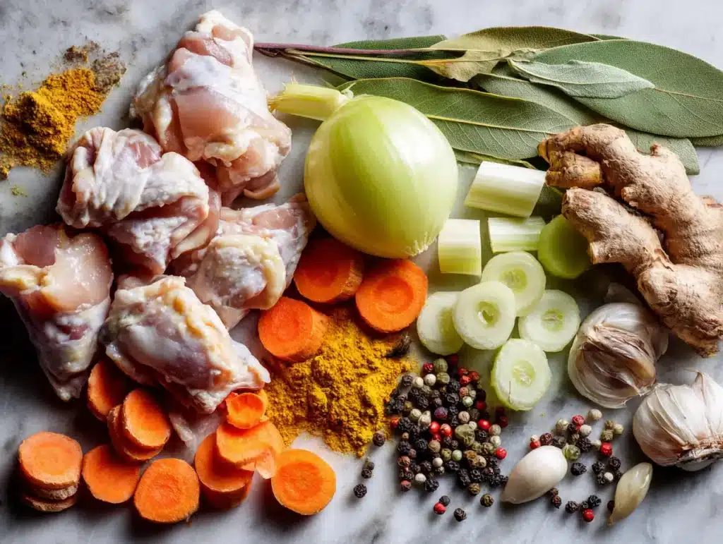 Zoomed in view of bone broth turmeric ginger ingredients covering the frame