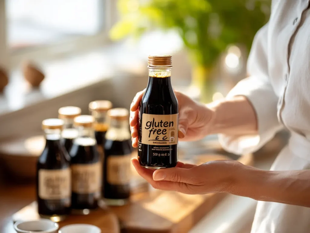 Hands holding a soy sauce bottle labeled gluten free over a white counter