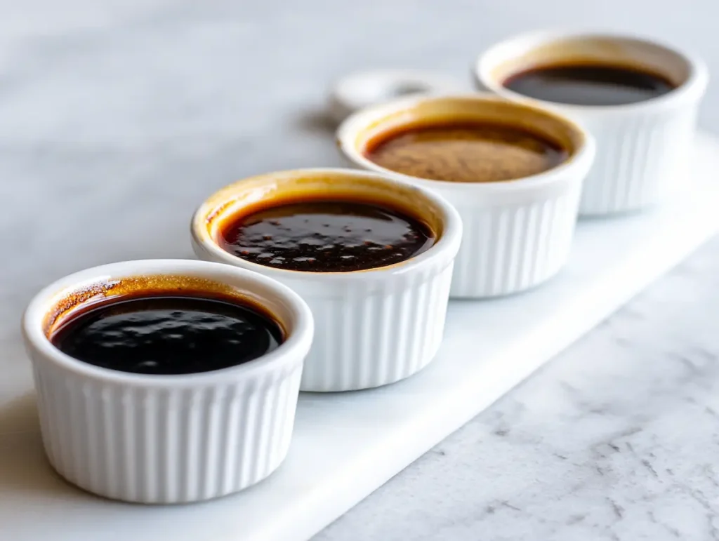Five small bowls showing regular soy sauce, gluten free soy sauce, tamari, coconut aminos, and liquid aminos