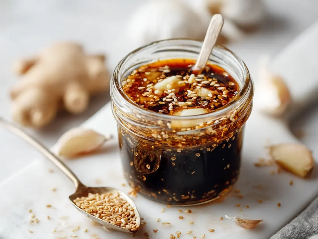 Glass jar of soy sauce marinade with garlic, ginger, and sesame seeds on marble