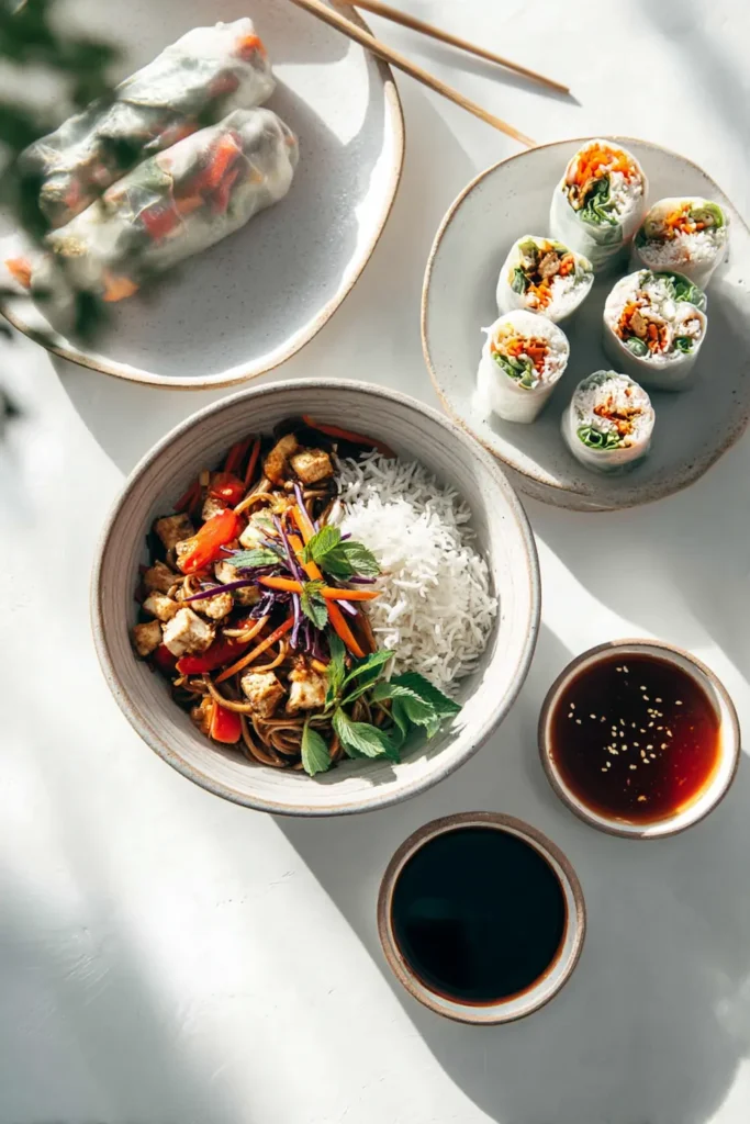 Vertical shot of gluten free stir fry, rice paper rolls, and soy sauce bowls on white table
