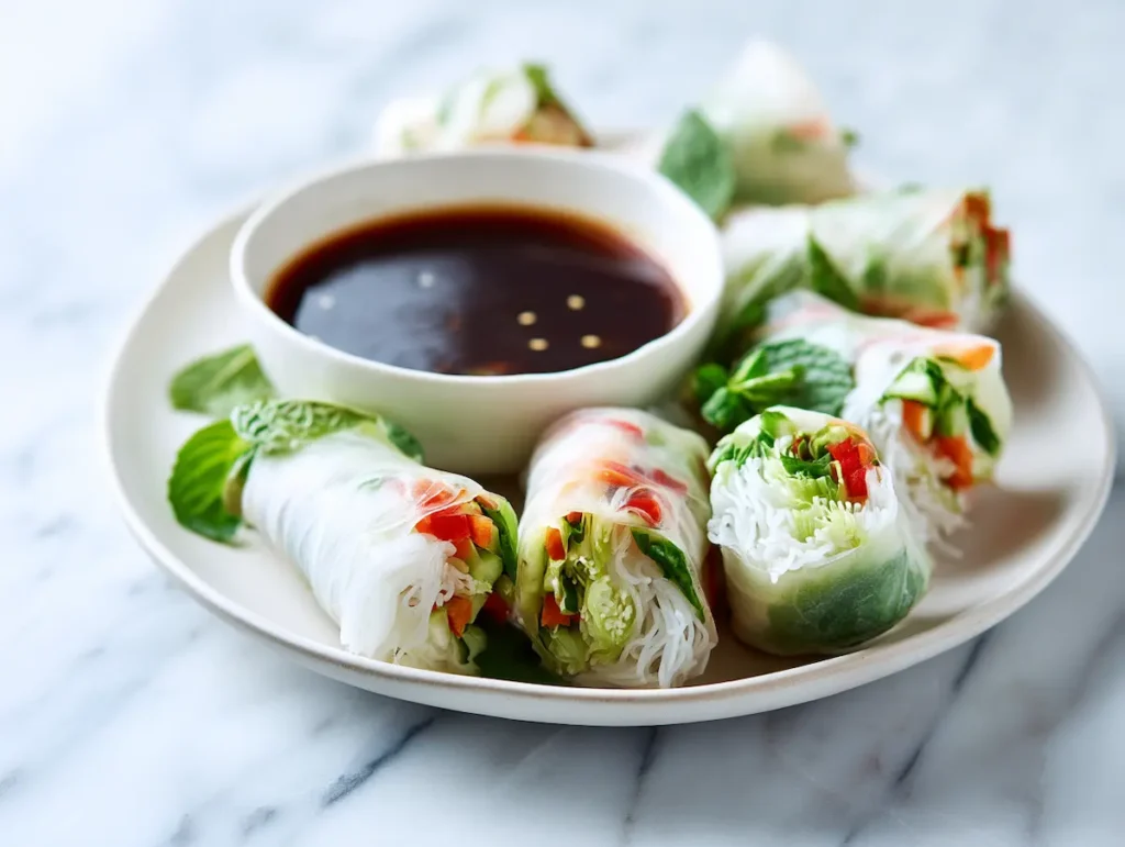 Fresh rice paper rolls on a white plate with a small bowl of soy dipping sauce