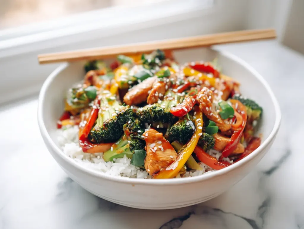 Gluten free stir fry bowl with rice, vegetables, and chicken drizzled with soy sauce