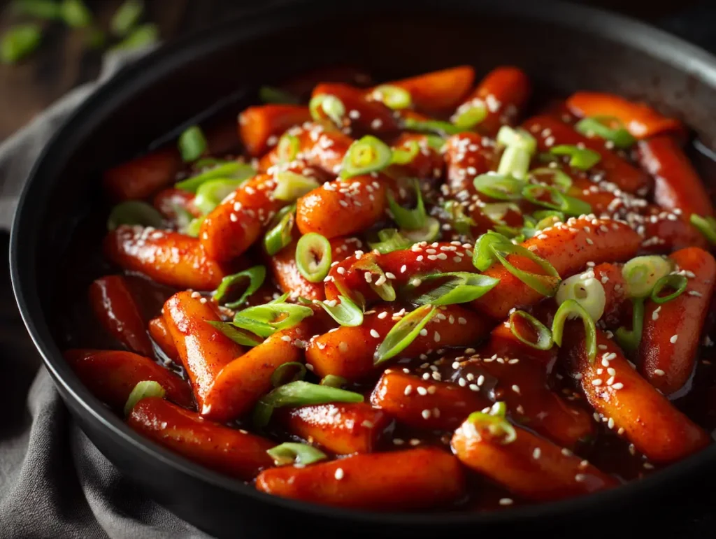 Pan of gluten free tteokbokki rice cakes coated in spicy sauce with sesame seeds