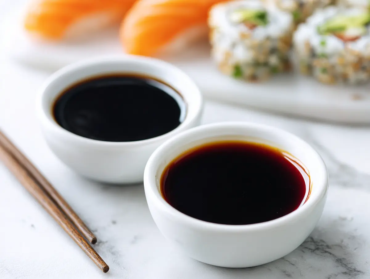 Dark soy sauce and gluten free soy sauce in white bowls on marble