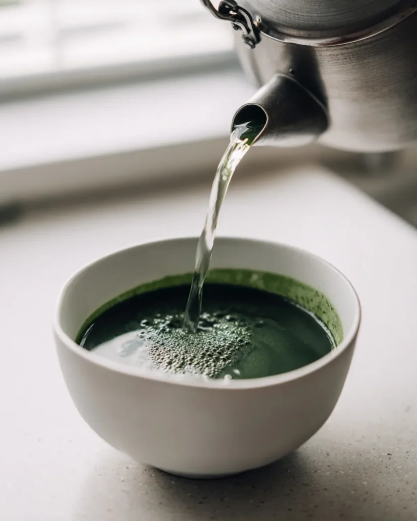 kettle pouring very hot water over Japanese green tea EGCG matcha in white bowl