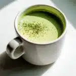 creamy Japanese green tea EGCG matcha latte in a white mug on a light counter