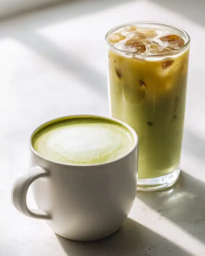 hot Japanese green tea EGCG latte and iced green tea side by side on a counter