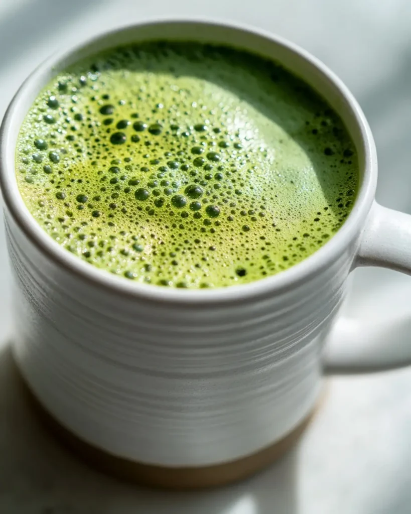close-up of Japanese green tea EGCG latte foam with tiny bubbles in a white mug