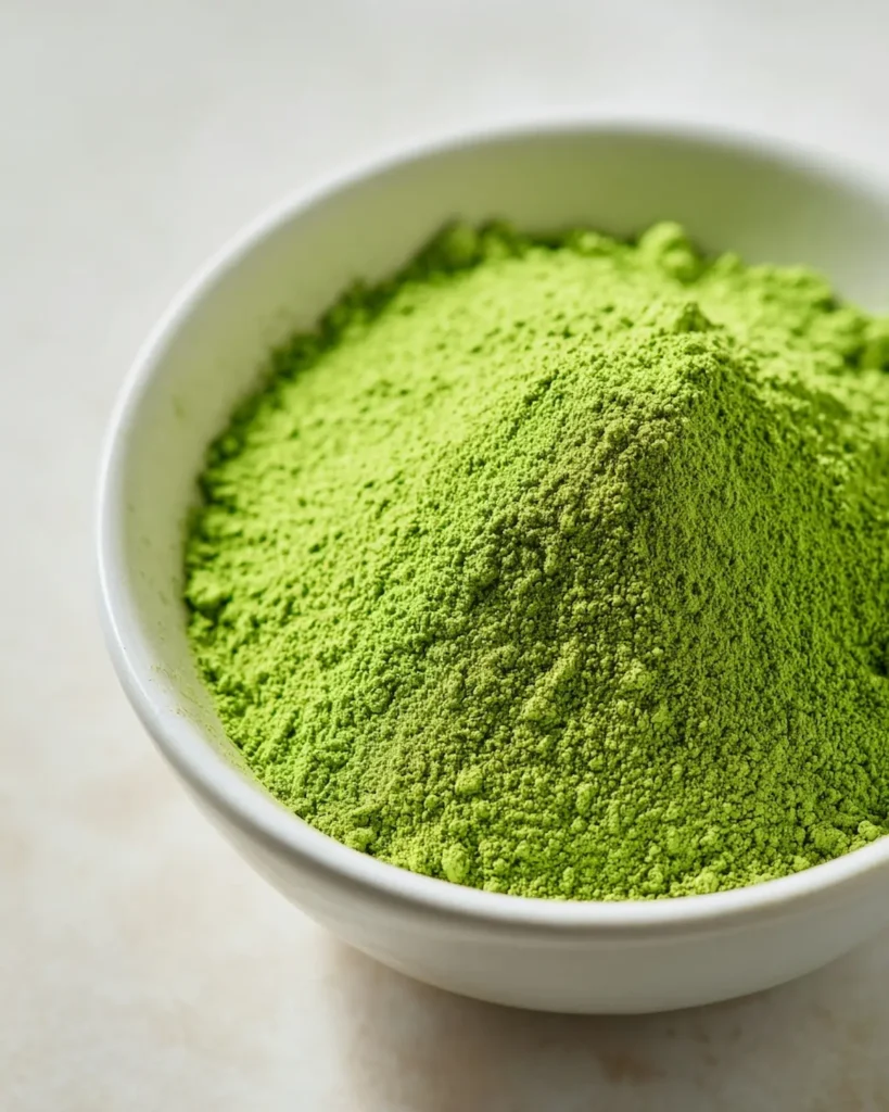 bright green Japanese matcha powder rich in EGCG in a white bowl