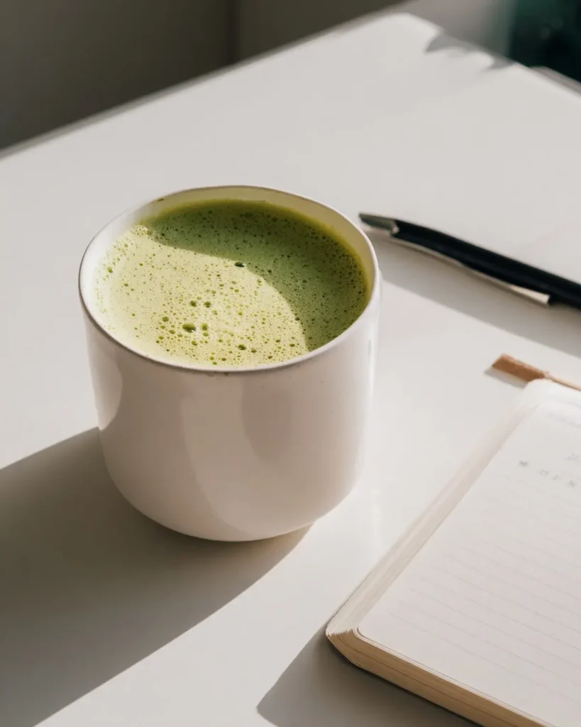Japanese green tea EGCG latte next to notebook on bright kitchen table