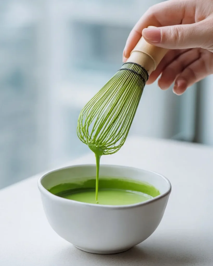 hand whisking Japanese green tea EGCG matcha in a white bowl