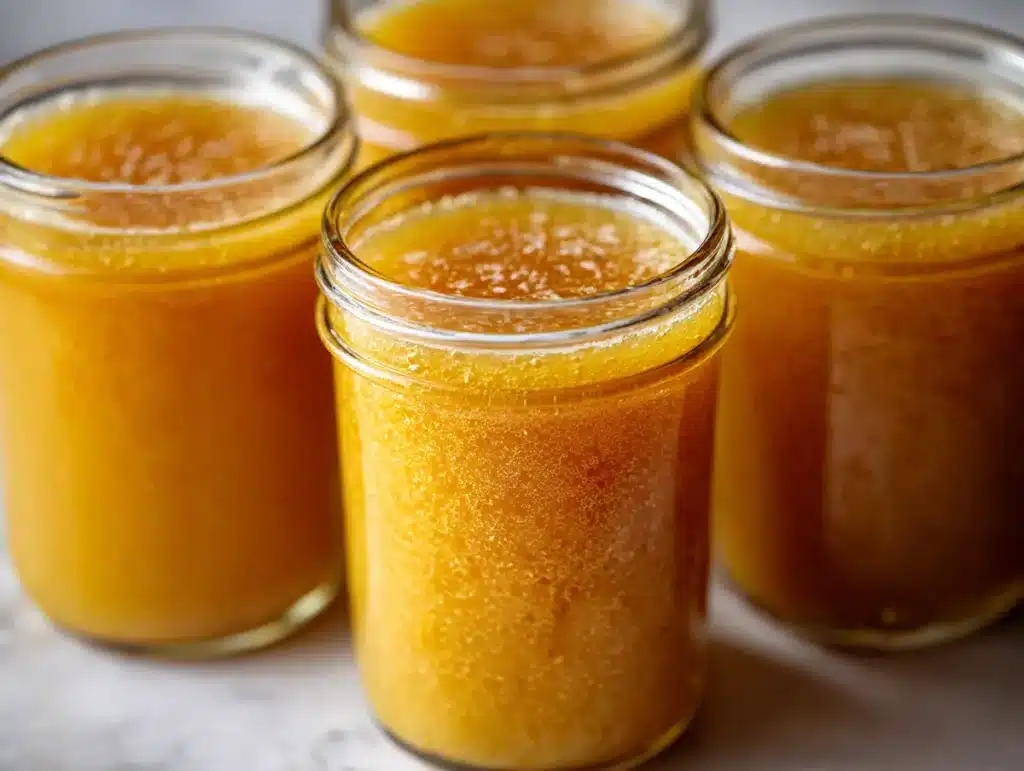 Close view of jars filled with chilled bone broth turmeric ginger for meal prep