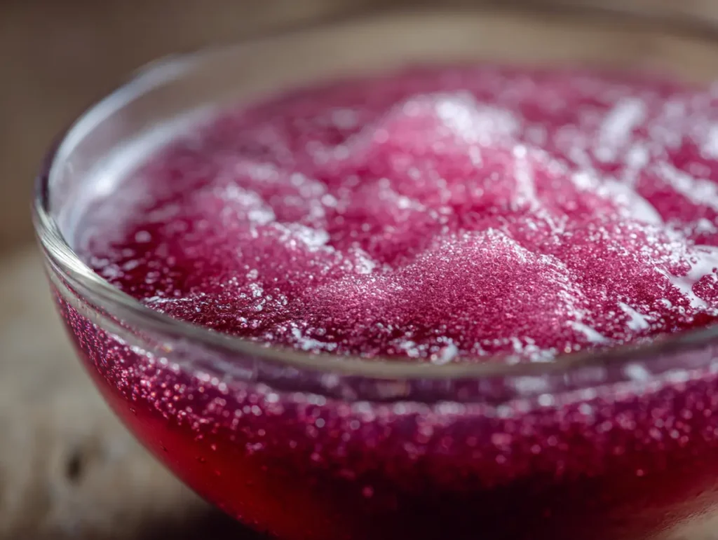 jelly burn recipe gelatin powder blooming in cold cranberry juice in clear glass bowl
