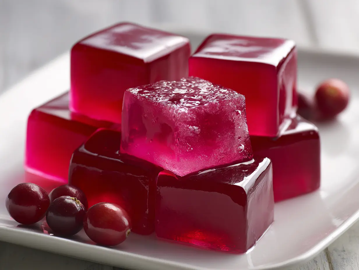 jelly burn recipe pink gelatin cubes on white ceramic plate with cranberry garnish