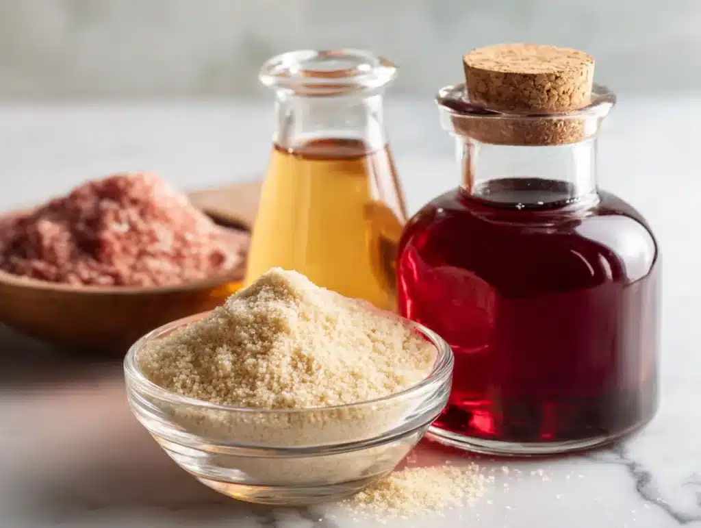 jelly burn recipe 3 ingredients unflavored gelatin cranberry juice apple cider vinegar on white marble