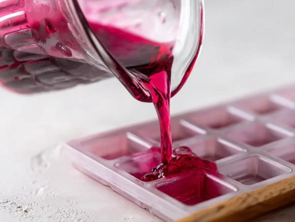 jelly burn recipe deep pink gelatin liquid being poured into silicone cube molds