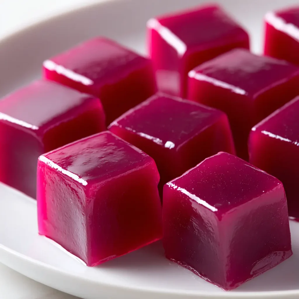 jelly burn recipe fully set glossy pink gelatin cubes removed from molds on white plate