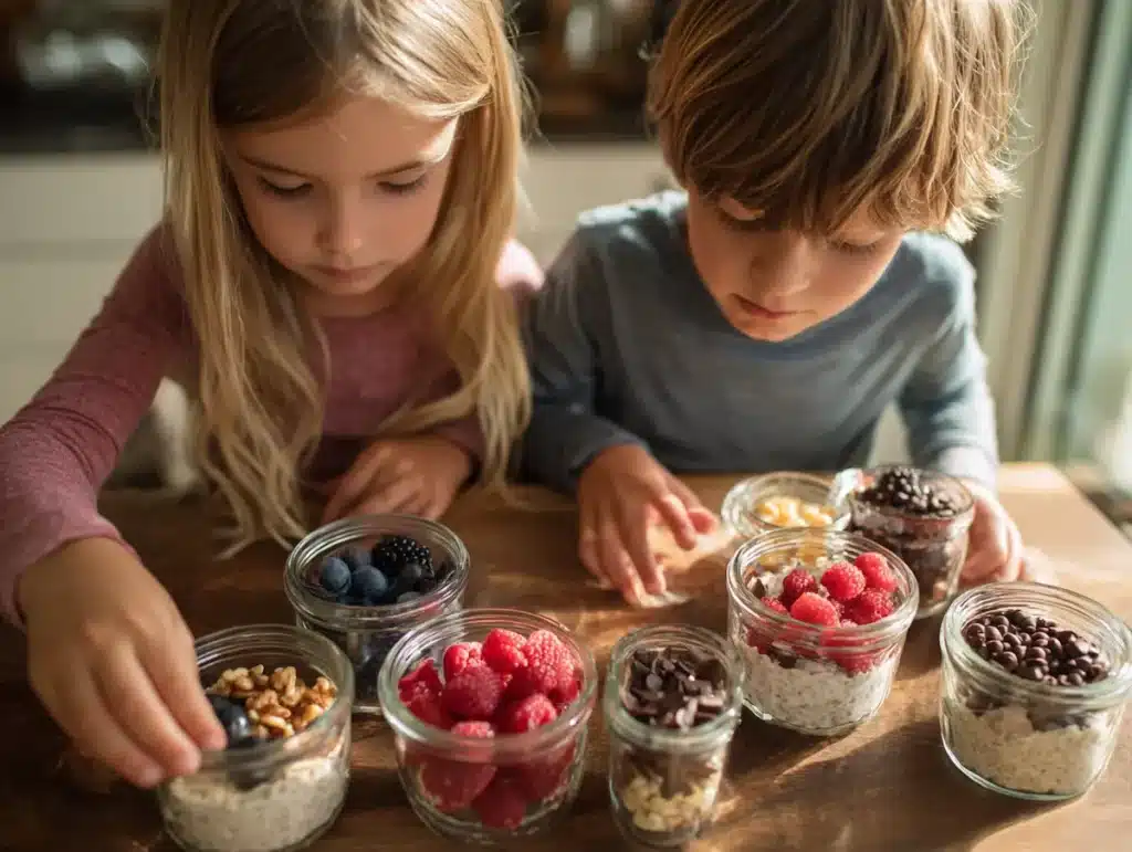 kids choosing toppings for pioneer woman overnight oats jars