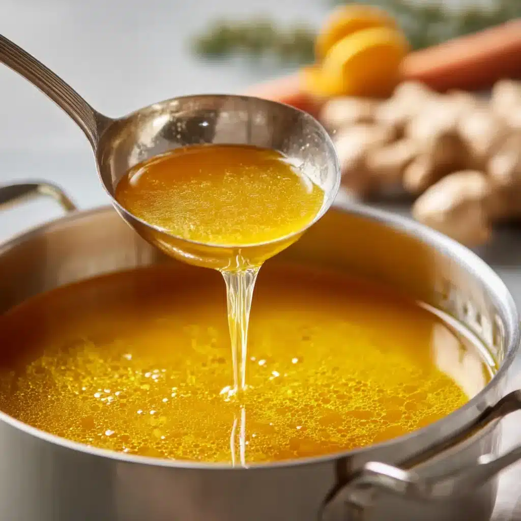 Ladle of golden bone broth turmeric ginger above pot