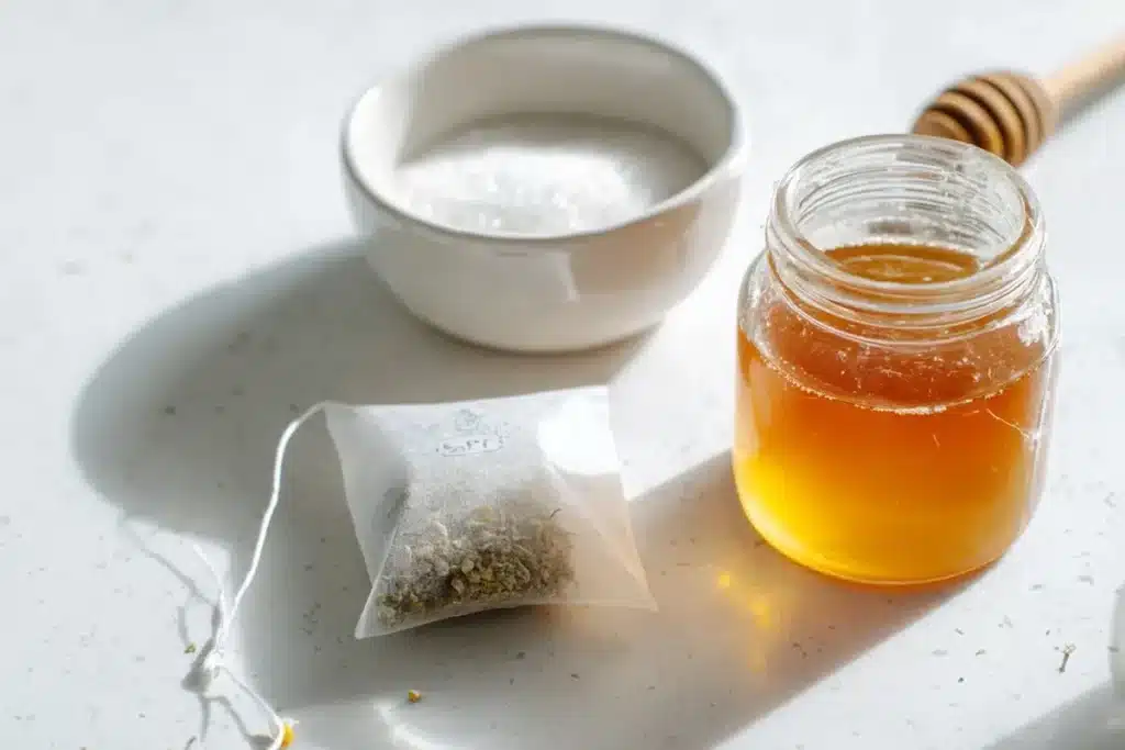 Three ingredients for lipojaro jello recipe: unflavored gelatin powder, herbal tea bag, and raw honey