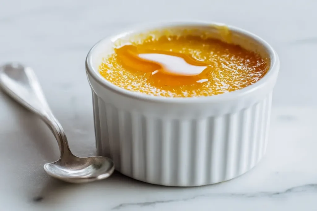 Chilled lipojaro jello recipe set firm in a white ramekin with a spoon on white marble