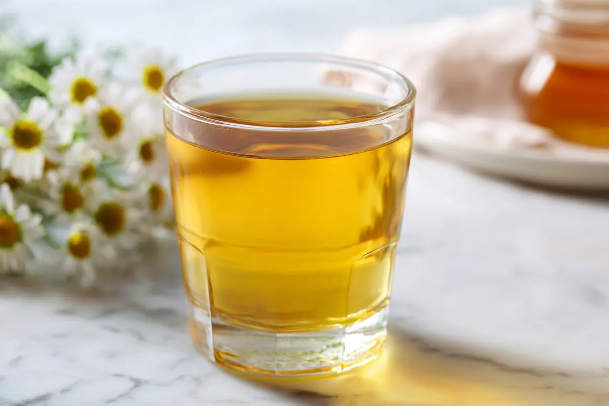 Lipojaro jello recipe in a clear glass with chamomile tea and honey on white marble