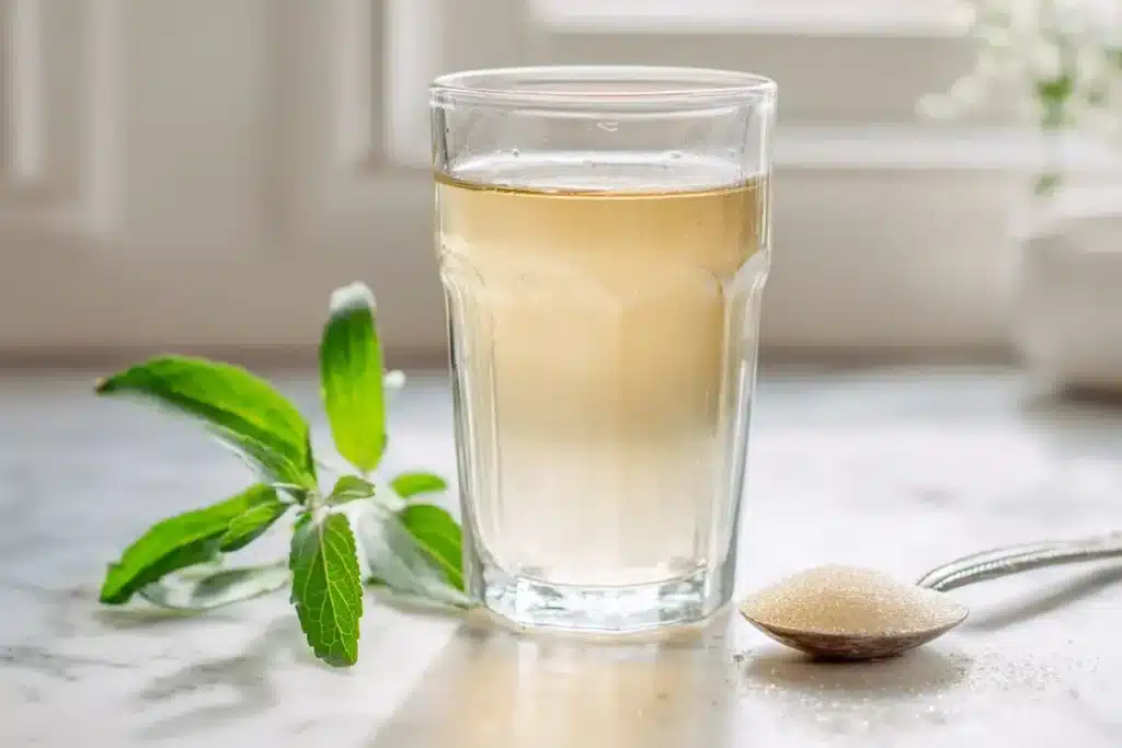 Sugar-free lipojaro jello recipe for diabetics made with stevia in a clear glass on white marble