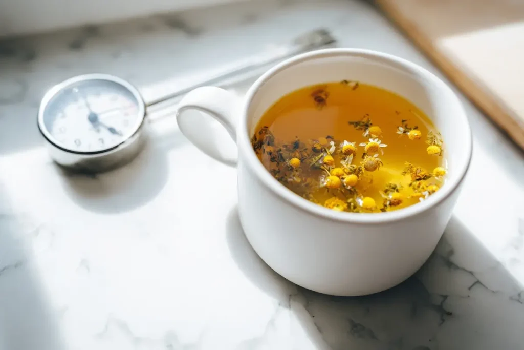 Warm chamomile herbal tea in a white cup at correct temperature for lipojaro jello recipe