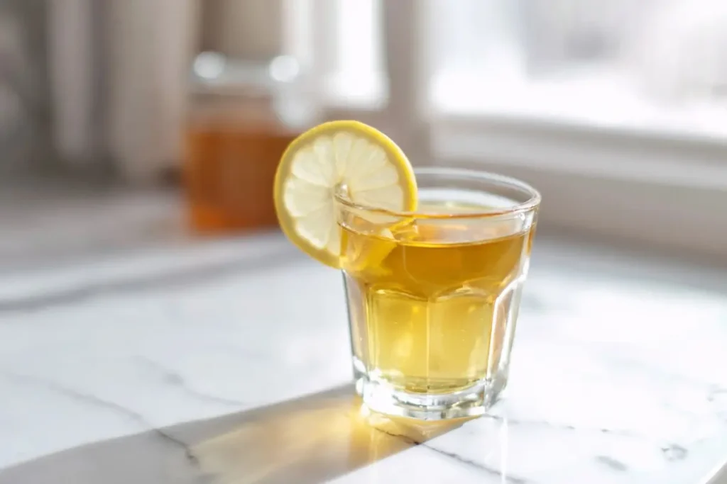 Finished warm lipojaro jello recipe tonic in a clear glass with lemon slice on white marble