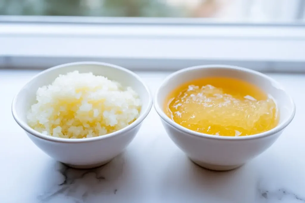 Correct smooth lipojaro jello recipe texture versus lumpy failed batch side by side in white bowls